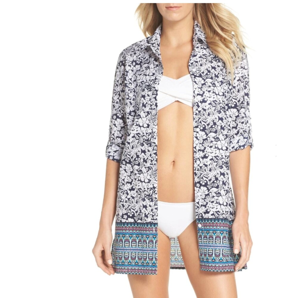 Tommy Bahama La Petite Petals Boyfriend Cover-Up Sz XS Tropical Button Up Shirt